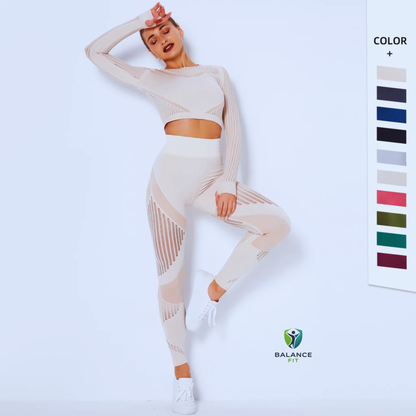 Woman wearing a beige athletic outfit with a color swatch on a white background, featuring the Balance Fit brand.